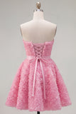 Sweetheart Pink A-Line 3D Floral Short Homecoming Dress with Lace Up Back