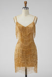 Golden Bodycon Spaghetti Straps Short Homecoming Dress with Fringes