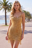 Golden Bodycon Spaghetti Straps Short Homecoming Dress with Fringes