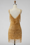 Golden Bodycon Spaghetti Straps Short Homecoming Dress with Fringes