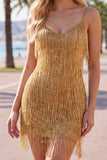 Golden Bodycon Spaghetti Straps Short Homecoming Dress with Fringes