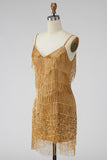 Golden Bodycon Spaghetti Straps Short Homecoming Dress with Fringes