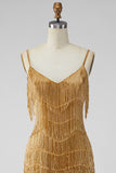 Golden Bodycon Spaghetti Straps Short Homecoming Dress with Fringes