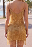 Golden Bodycon Spaghetti Straps Short Homecoming Dress with Fringes
