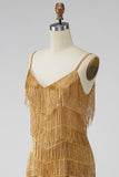 Golden Bodycon Spaghetti Straps Short Homecoming Dress with Fringes