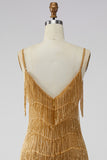 Golden Bodycon Spaghetti Straps Short Homecoming Dress with Fringes