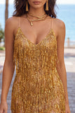 Golden Bodycon Spaghetti Straps Short Homecoming Dress with Fringes