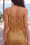 Golden Bodycon Spaghetti Straps Short Homecoming Dress with Fringes