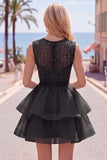 Yellow A-Line Round Neck Tiered Short Homecoming Dress with Pearls