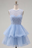 Yellow A-Line Round Neck Tiered Short Homecoming Dress with Pearls