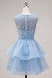 Yellow A-Line Round Neck Tiered Short Homecoming Dress with Pearls