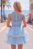 Yellow A-Line Round Neck Tiered Short Homecoming Dress with Pearls