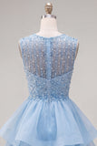 Yellow A-Line Round Neck Tiered Short Homecoming Dress with Pearls