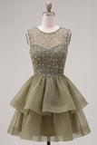 Yellow A-Line Round Neck Tiered Short Homecoming Dress with Pearls