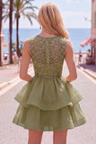 Yellow A-Line Round Neck Tiered Short Homecoming Dress with Pearls