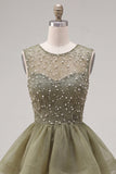 Yellow A-Line Round Neck Tiered Short Homecoming Dress with Pearls
