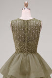 Yellow A-Line Round Neck Tiered Short Homecoming Dress with Pearls