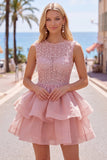 Yellow A-Line Round Neck Tiered Short Homecoming Dress with Pearls