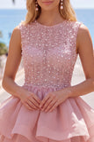 Yellow A-Line Round Neck Tiered Short Homecoming Dress with Pearls