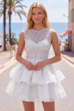 Yellow A-Line Round Neck Tiered Short Homecoming Dress with Pearls
