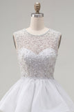 Yellow A-Line Round Neck Tiered Short Homecoming Dress with Pearls