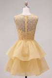 Yellow A-Line Round Neck Tiered Short Homecoming Dress with Pearls