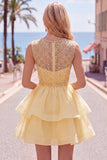 Yellow A-Line Round Neck Tiered Short Homecoming Dress with Pearls
