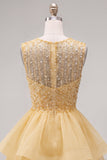 Yellow A-Line Round Neck Tiered Short Homecoming Dress with Pearls