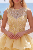 Yellow A-Line Round Neck Tiered Short Homecoming Dress with Pearls