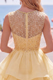 Yellow A-Line Round Neck Tiered Short Homecoming Dress with Pearls