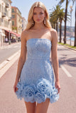 Strapless Blue Bodycon Pearls Homecoming Dress with 3D Flowers