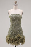 Strapless Blue Bodycon Pearls Homecoming Dress with 3D Flowers