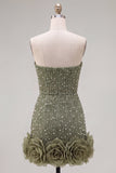 Strapless Blue Bodycon Pearls Homecoming Dress with 3D Flowers
