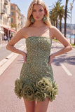 Strapless Blue Bodycon Pearls Homecoming Dress with 3D Flowers