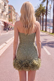 Strapless Blue Bodycon Pearls Homecoming Dress with 3D Flowers