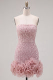 Strapless Blue Bodycon Pearls Homecoming Dress with 3D Flowers