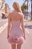 Strapless Blue Bodycon Pearls Homecoming Dress with 3D Flowers
