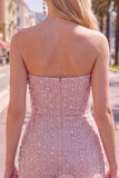Strapless Blue Bodycon Pearls Homecoming Dress with 3D Flowers