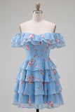 Off the Shoulder Blue A-Line Tiered Floral Homecoming Dress with Lace Up Back
