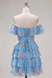 Off the Shoulder Blue A-Line Tiered Floral Homecoming Dress with Lace Up Back