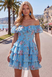 Off the Shoulder Blue A-Line Tiered Floral Homecoming Dress with Lace Up Back