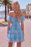 Off the Shoulder Blue A-Line Tiered Floral Homecoming Dress with Lace Up Back