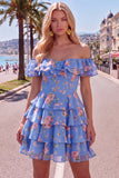 Off the Shoulder Blue A-Line Tiered Floral Homecoming Dress with Lace Up Back