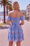 Off the Shoulder Blue A-Line Tiered Floral Homecoming Dress with Lace Up Back