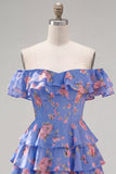 Off the Shoulder Blue A-Line Tiered Floral Homecoming Dress with Lace Up Back