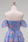 Off the Shoulder Blue A-Line Tiered Floral Homecoming Dress with Lace Up Back