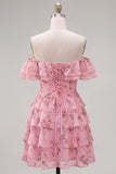 Off the Shoulder Blue A-Line Tiered Floral Homecoming Dress with Lace Up Back