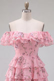 Off the Shoulder Blue A-Line Tiered Floral Homecoming Dress with Lace Up Back