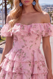 Off the Shoulder Blue A-Line Tiered Floral Homecoming Dress with Lace Up Back