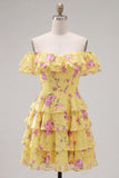 Off the Shoulder Blue A-Line Tiered Floral Homecoming Dress with Lace Up Back
